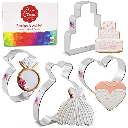 Wedding Cookie Cutters 4-Pc. Set Made in USA by Ann Clark, Wedding Dress, Wedding Cake, Diamond Ring, Heart