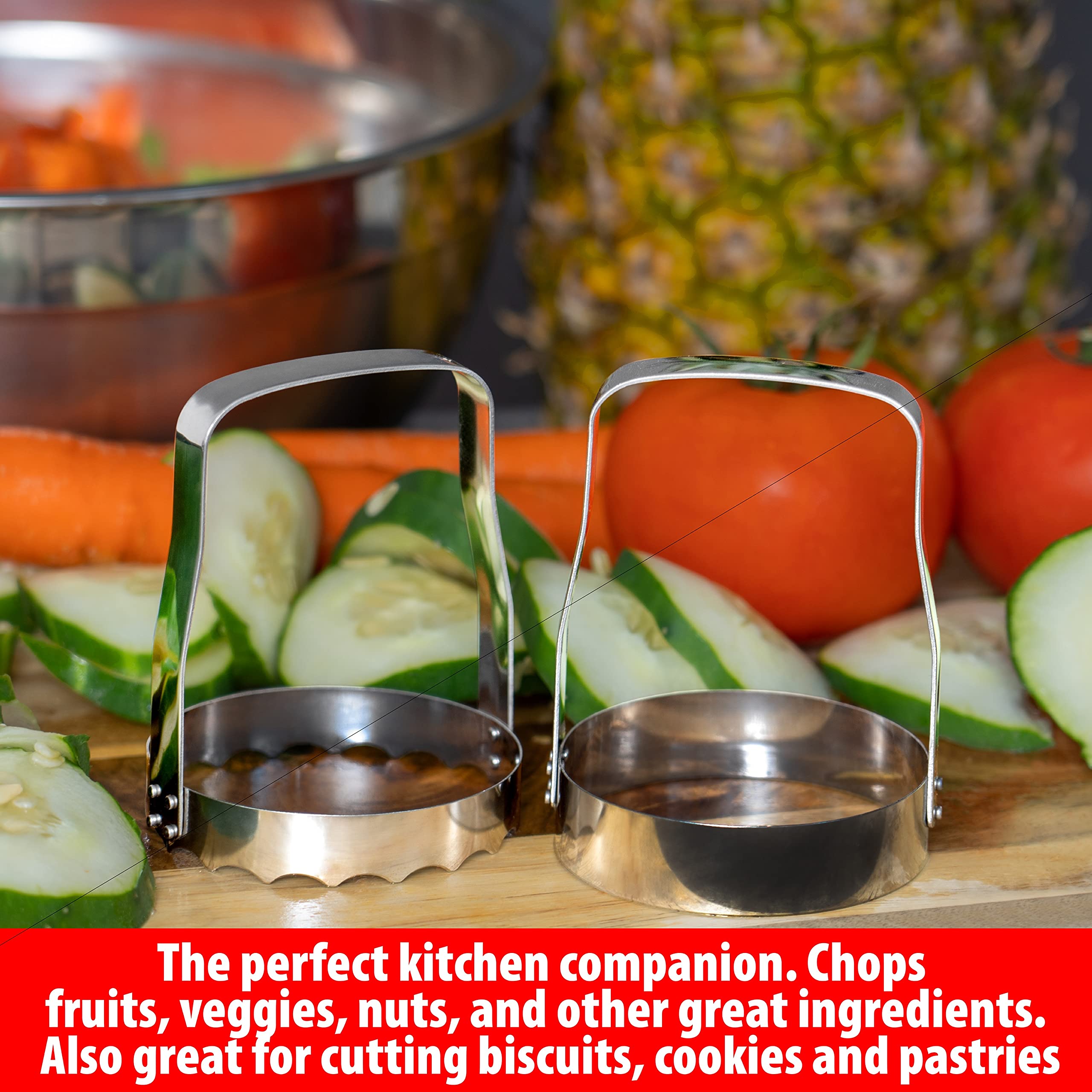 MAXAM Hand Food Chopper Set - 1 Serrated & 1 Honed Stainless Steel Handheld Veggie Cutter with Handle for Salad, Fruit, Vegetables, Nuts, Biscuit, Cookie & Pastry - Easy to Use & Clean - Pack of 2