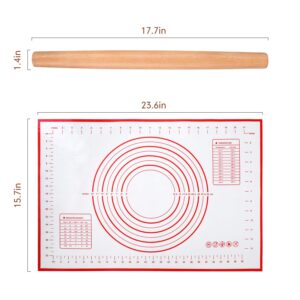 Wood French Rolling Pin for Baking, QUELLANCE Wooden Dough Roller with Silicone Baking Mat, Beech Wood Rolling Pins for Baking Dough, Pizza, Pie, Pastries, Pasta and Cookies,Red Pastry Mat