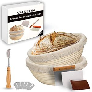 valuetra - (set of 2) - 9 inch banneton bread proofing basket round with liner cloth - set of 2 + metal scraper, plastic scraper, premium bread lame with 5 blades and case, baking bowl for sourdough