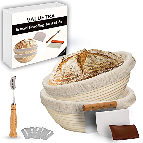 VALUETRA - (Set of 2) - 9 Inch Banneton Bread Proofing Basket Round with Liner Cloth - Set of 2 + Metal Scraper, Plastic Scraper, Premium Bread Lame with 5 Blades and case, Baking Bowl for Sourdough