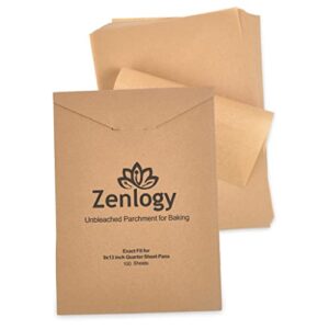 zenlogy 9x13 parchment paper (100 sheets) - unbleached, high heat, non-stick, pre-cut baking paper for quarter sheet pans - great for baking, roasting, wrapping, dehydrator, and so much more