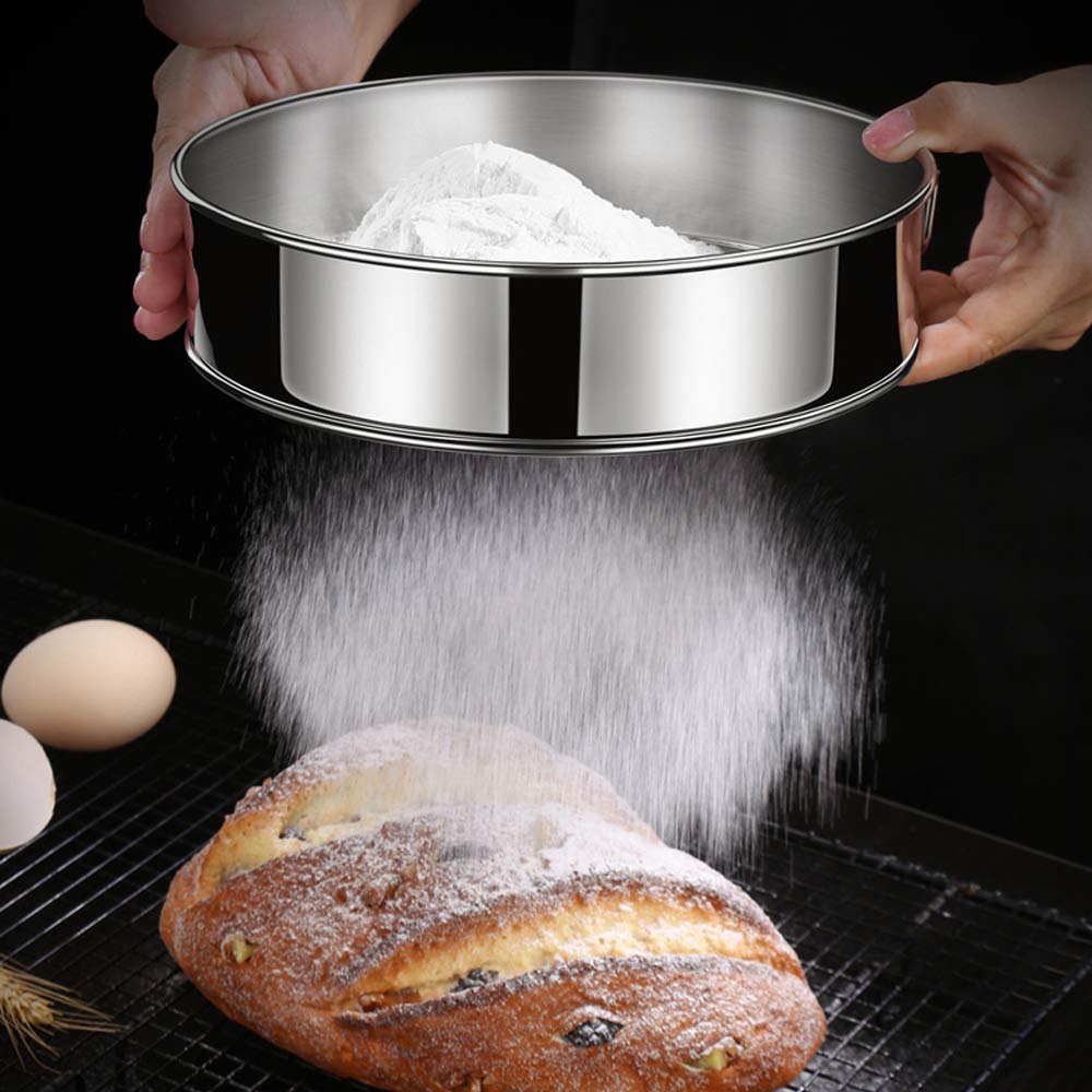 2 Pack Flour Sifter for Baking,Stainless Steel Fine Mesh Strainers,60 Mesh Round Sifter Steel for Baking Cake Bread (8-Inch and 10-Inch)