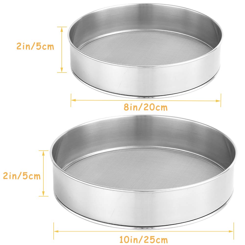 2 Pack Flour Sifter for Baking,Stainless Steel Fine Mesh Strainers,60 Mesh Round Sifter Steel for Baking Cake Bread (8-Inch and 10-Inch)
