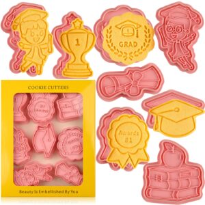 graduation cookie cutters set, 8 pcs cookie cutter with plunger stamps, cute cookie cutters for diy biscuit snacks cheese baking