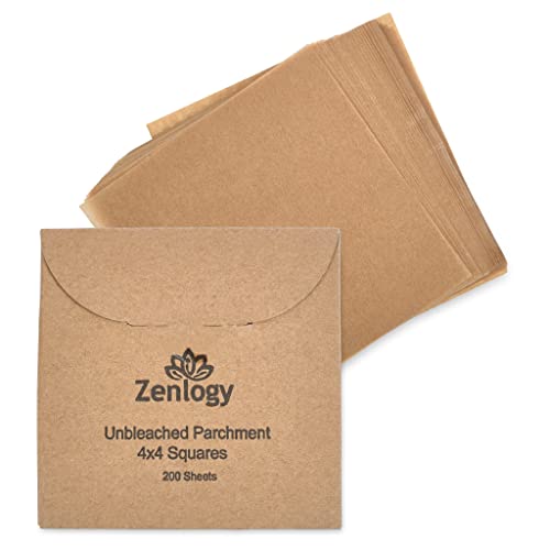 Zenlogy 4x4 Small Parchment Paper Squares (200 sheets) - Unbleached, Non-stick, Pre-cut Parchment Paper - Ideal for Candy Wrappers, Liner Paper, Freezing and Storing, Separating, and Diamond Painting