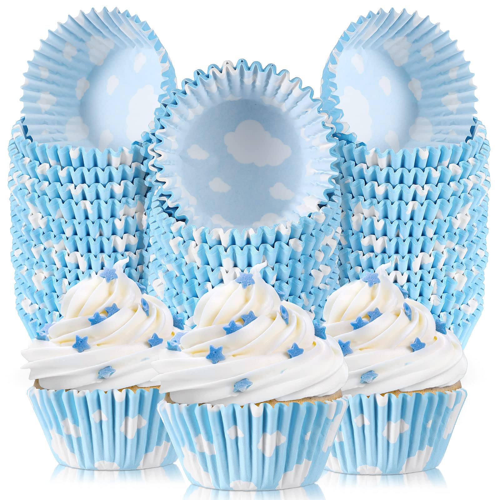 300 count Cloud Blue Cupcake Liners White Light Blue Cupcake Wrappers Paper Blue Muffin Cups Birthday Theme Party Baking Cups Baby Shower Decor Could Baking Wrapping and Packaging for Party Supplies