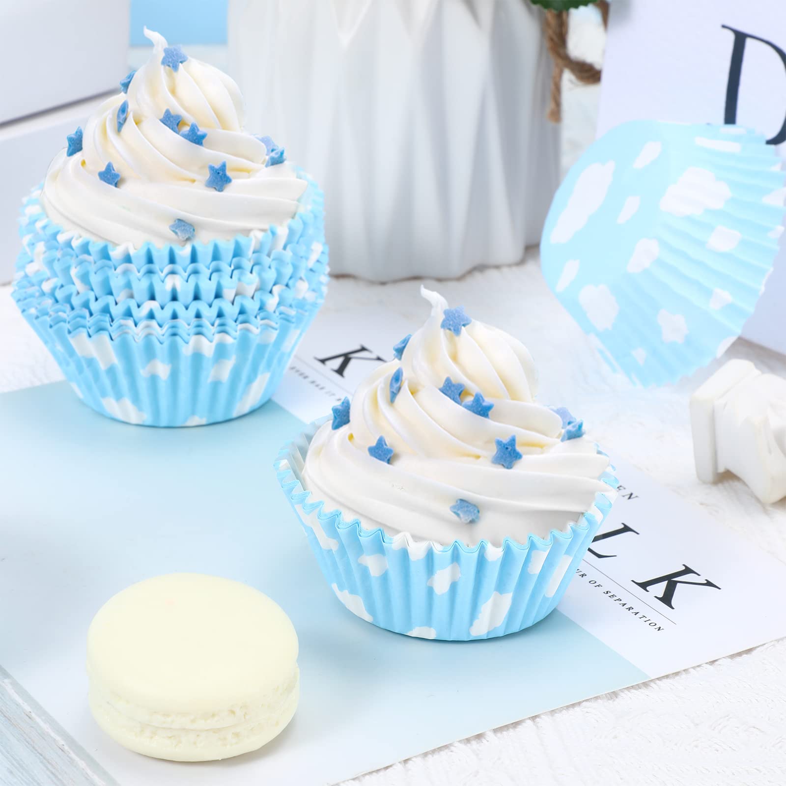 300 count Cloud Blue Cupcake Liners White Light Blue Cupcake Wrappers Paper Blue Muffin Cups Birthday Theme Party Baking Cups Baby Shower Decor Could Baking Wrapping and Packaging for Party Supplies