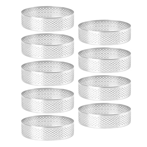 Frcctre 9 Pack Round Tart Ring, Perforated Baking Tart Rings, Stainless Steel Nonstick Round Cake Ring Mousse Rings, Metal Pastry Cake Mold, Baking Dessert Ring for Home Food Making Tool