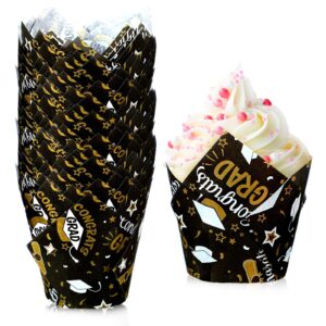 nuenen 200 pcs graduation tulip cupcake liners 2024 congrats grad paper baking cups greaseproof muffin liners holders graduation cap cup cake paper cup tulip cupcake wrappers for party(black, gold)