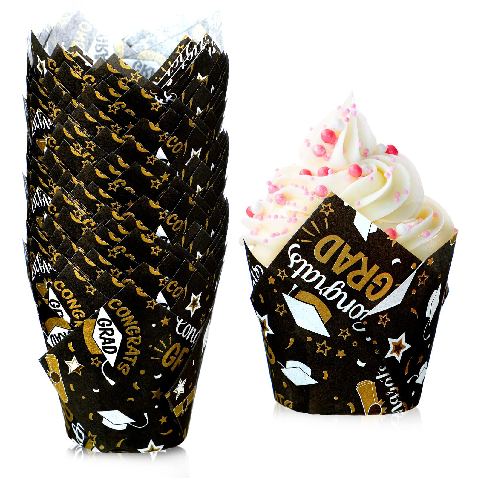 Nuenen 200 Pcs Graduation Tulip Cupcake Liners 2024 Congrats Grad Paper Baking Cups Greaseproof Muffin Liners Holders Graduation Cap Cup Cake Paper Cup Tulip Cupcake Wrappers for Party(Black, Gold)