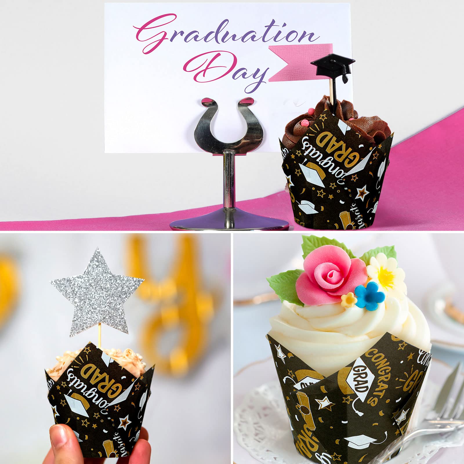 Nuenen 200 Pcs Graduation Tulip Cupcake Liners 2024 Congrats Grad Paper Baking Cups Greaseproof Muffin Liners Holders Graduation Cap Cup Cake Paper Cup Tulip Cupcake Wrappers for Party(Black, Gold)