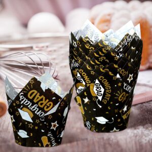 Nuenen 200 Pcs Graduation Tulip Cupcake Liners 2024 Congrats Grad Paper Baking Cups Greaseproof Muffin Liners Holders Graduation Cap Cup Cake Paper Cup Tulip Cupcake Wrappers for Party(Black, Gold)