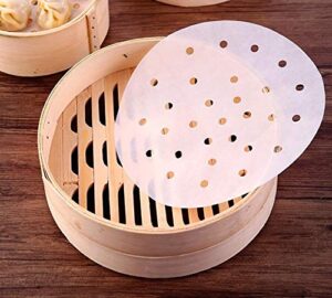 100pcs air fryer liners, 10 inches bamboo steamer liners, premium perforated parchment steaming papers, non-stick steamer mat