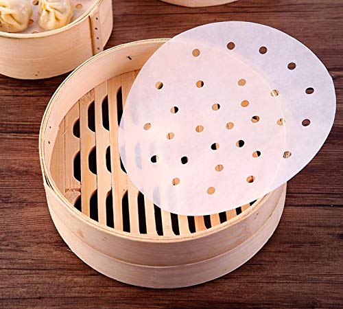 100pcs Air Fryer Liners, 10 inches Bamboo Steamer Liners, Premium Perforated Parchment Steaming Papers, Non-stick Steamer Mat