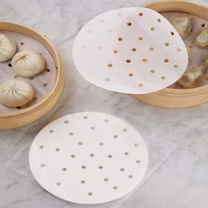 100pcs Air Fryer Liners, 10 inches Bamboo Steamer Liners, Premium Perforated Parchment Steaming Papers, Non-stick Steamer Mat