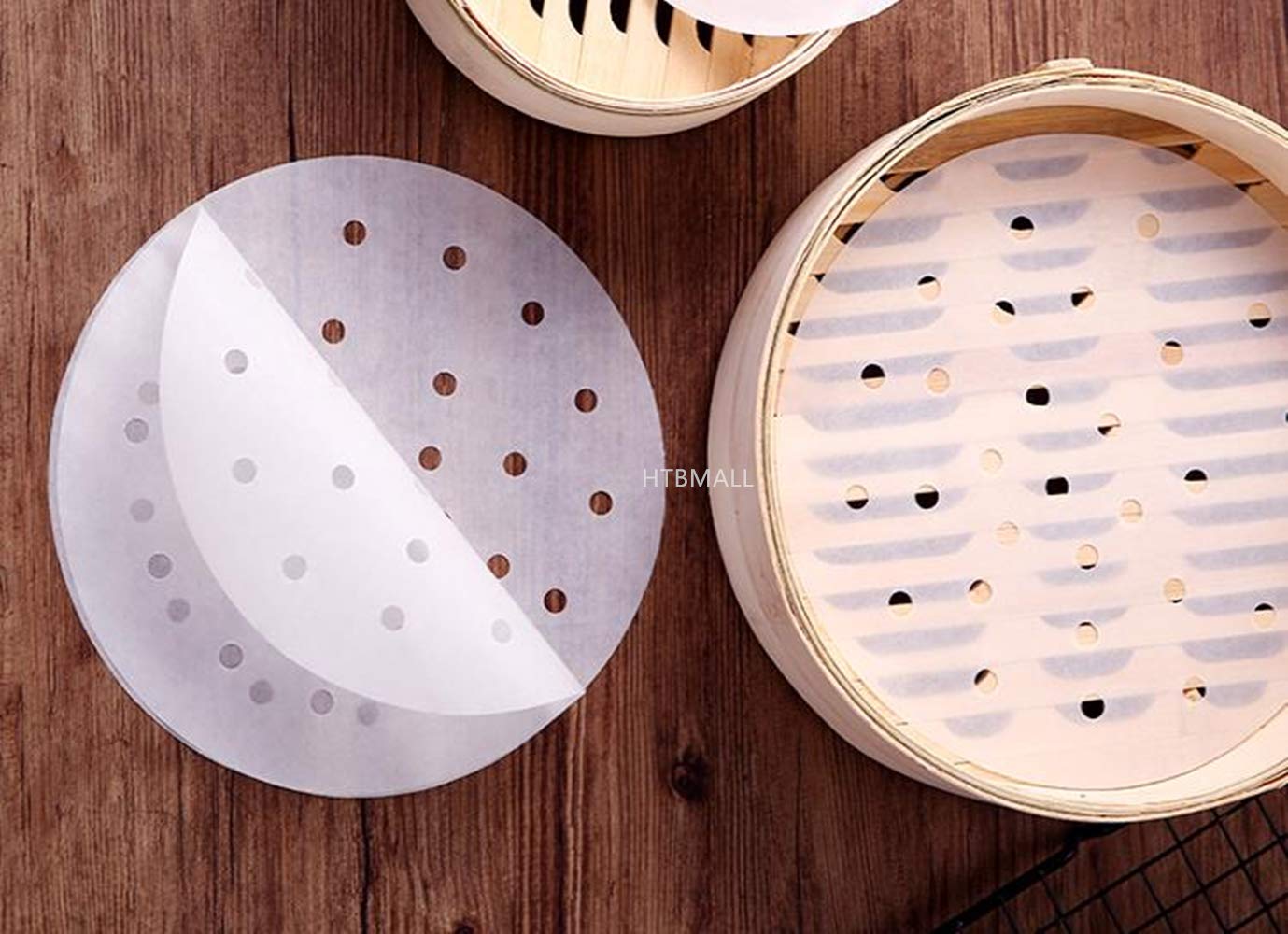 100pcs Air Fryer Liners, 10 inches Bamboo Steamer Liners, Premium Perforated Parchment Steaming Papers, Non-stick Steamer Mat