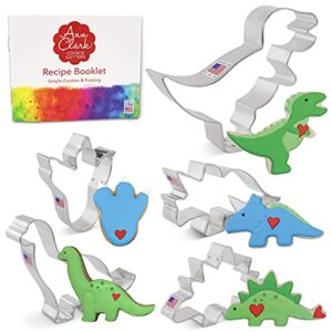 dinosaur cookie cutters 5-pc set made in usa by ann clark, triceratops, stegosaurus, t-rex, brontosaurus, dino footprint