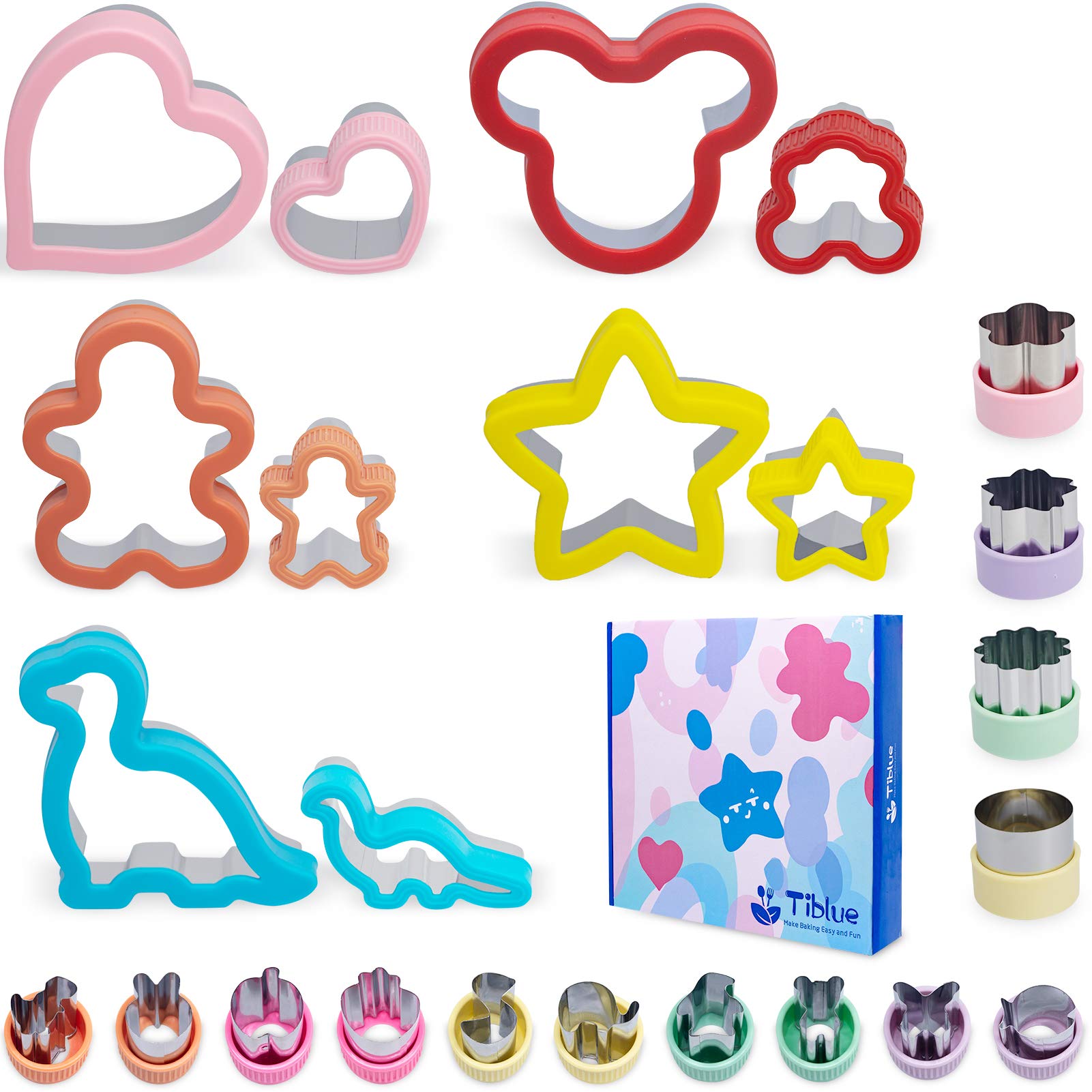 Sandwich Cutters Set 24 for Kids, Holiday Heart Shaped Cookie Cutters Vegetable Fruit Cutter Shape for Boys & Girls with Micky Mouse, Dinosaur, Star, Gingerbread Man Shapes-Food Grade Stainless Steel