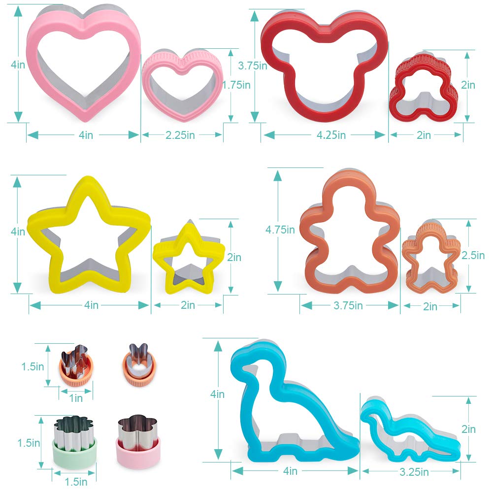 Sandwich Cutters Set 24 for Kids, Holiday Heart Shaped Cookie Cutters Vegetable Fruit Cutter Shape for Boys & Girls with Micky Mouse, Dinosaur, Star, Gingerbread Man Shapes-Food Grade Stainless Steel