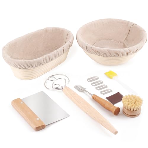 DOYOLLA Bread Proofing Baskets Set of 2, 10 inch Oval & 8.5 inch Round Dough Proofing Bowls w/Liners Perfect for Sourdough Bread Baking, Bakers Baking, Gifts for Bakers, Bread Making Kit