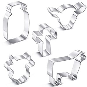 5 pieces cow cookie cutter set, farmhouse cookie cutter, 3 different cow cookie cutters, steel cow head cookie cutter, milk bottle, crossed cookie cutter for biscuit and cakes kitchen tool accessories