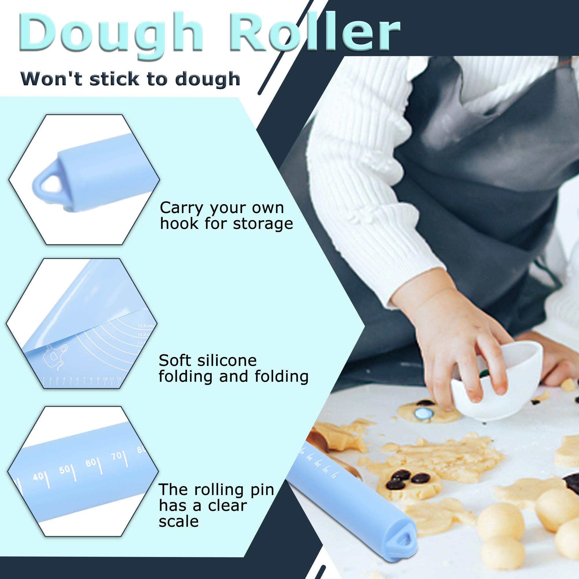 Rolling Pin Dough Roller Non Stick Silicone Baking Mat Set Rolling Pins for Baking Rodillo Para Masa for Making Dough,Pizza,Biscuit and Bread