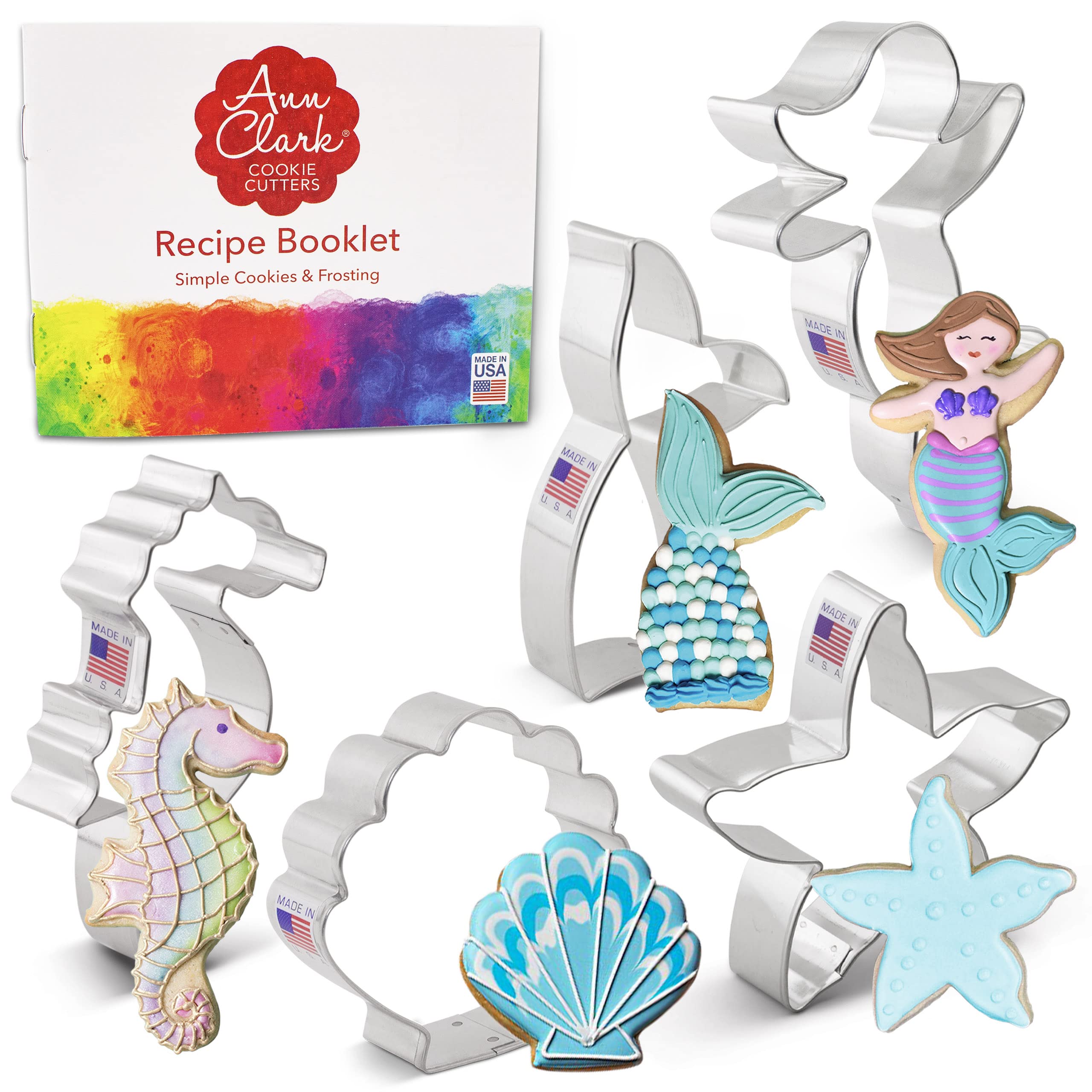 Mermaid Cookie Cutters 5-Pc. Set Made in the USA by Ann Clark, Mermaid, Mermaid Tail, Starfish, Seahorse, Seashell