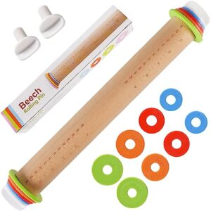 yasashii wood rolling pin with 4 adjustable thickness rings, non-stick dough roller for baking, 17 inch pizza roller for kitchen supplies, handle press design for fondant, pizza, pie crust, cookie