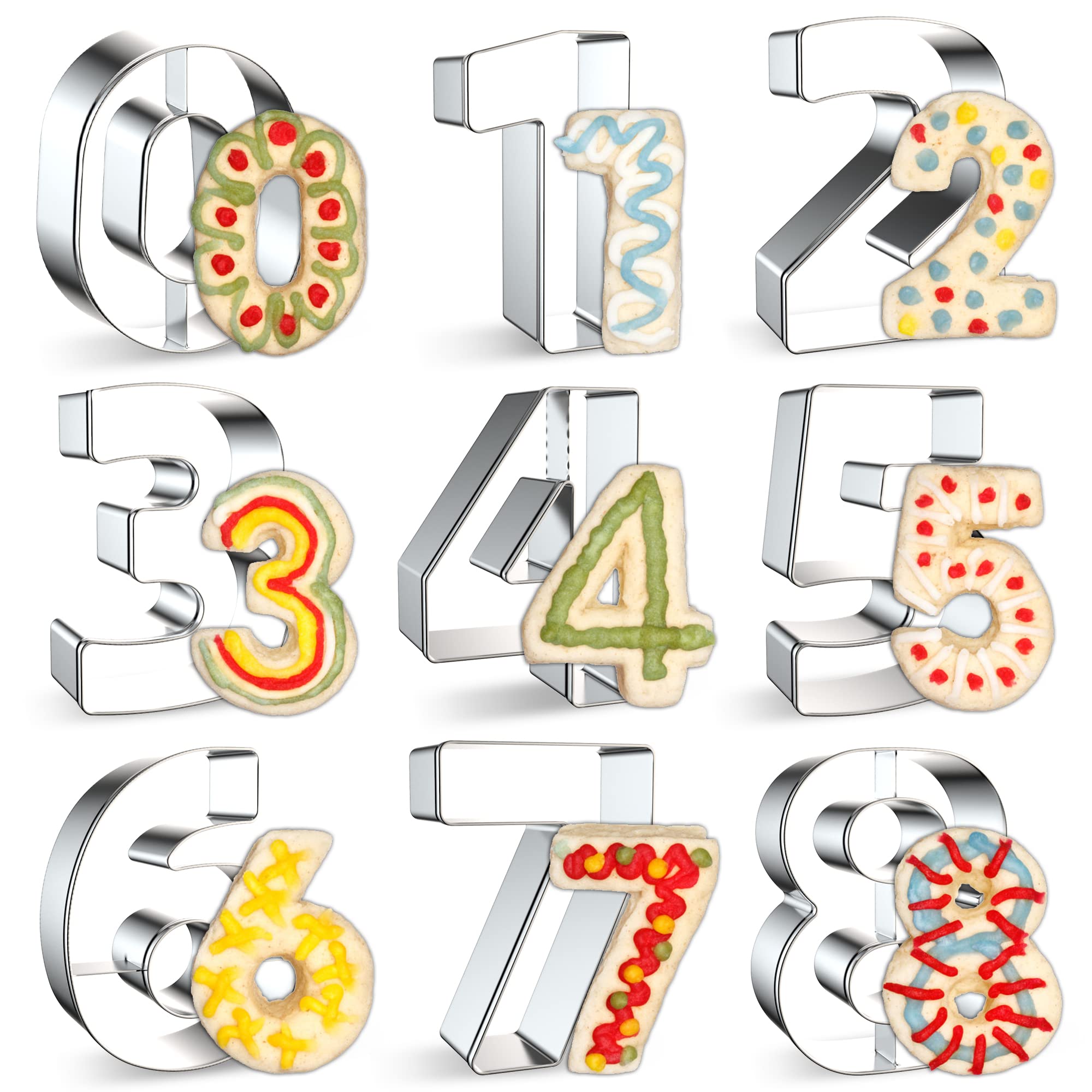 FUSOTO 9PCS Number Cookie Cutters Set, Birthday Numbers 0-8(6 Reverses to 9), Stainless Steel Cookie Cutters for Baking, Number Shaped Baking Tool for Homemaking Biscuits, Cookie, Dough