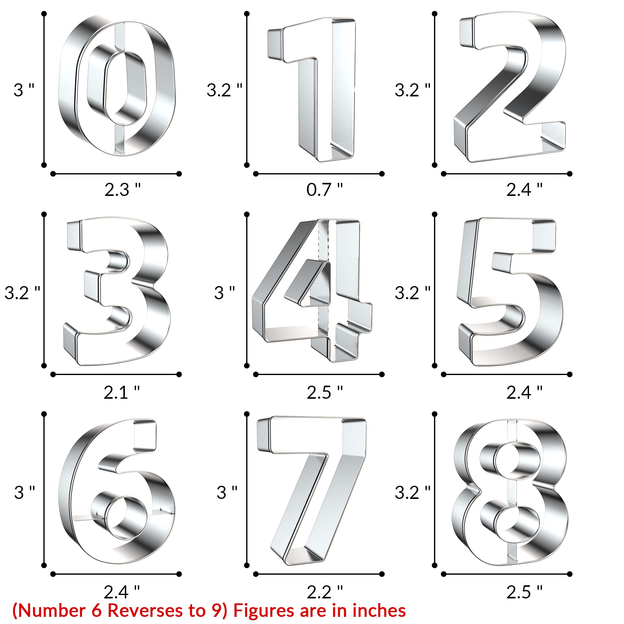 FUSOTO 9PCS Number Cookie Cutters Set, Birthday Numbers 0-8(6 Reverses to 9), Stainless Steel Cookie Cutters for Baking, Number Shaped Baking Tool for Homemaking Biscuits, Cookie, Dough