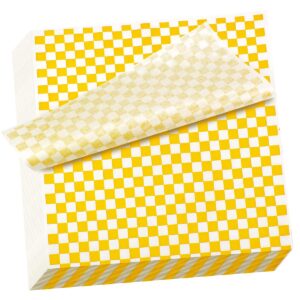 hslife 100 sheets checkered dry waxed deli paper sheets, paper liners for plastic food basket, wrapping bread and sandwiches (yellow)