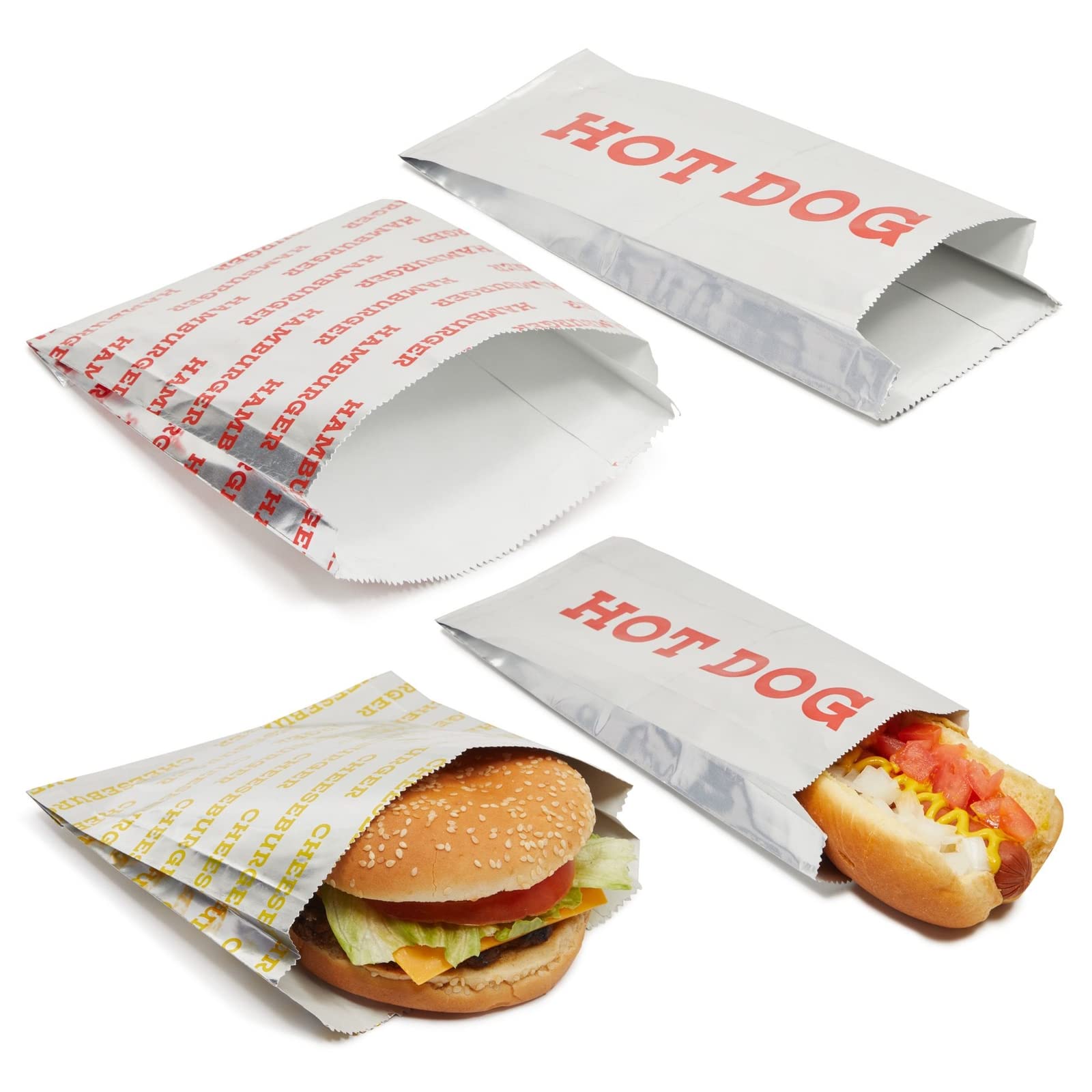 Stockroom Plus 300-Pcs Disposable Foil and Paper Hot Dog Holders and Hamburger Wrappers Combination Pack, Grease-Resistant Food Bags to Keep Food Hot for Party, Event (3 Designs)