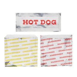 Stockroom Plus 300-Pcs Disposable Foil and Paper Hot Dog Holders and Hamburger Wrappers Combination Pack, Grease-Resistant Food Bags to Keep Food Hot for Party, Event (3 Designs)