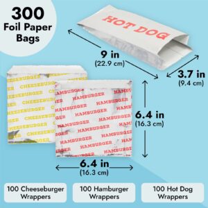 Stockroom Plus 300-Pcs Disposable Foil and Paper Hot Dog Holders and Hamburger Wrappers Combination Pack, Grease-Resistant Food Bags to Keep Food Hot for Party, Event (3 Designs)