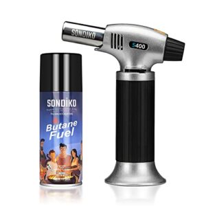 sondiko butane torch and fuel refill, s400 with 170 ml gas included. kitchen torch lighter blow torch with butane refill for bbq, creme brulee, baking.