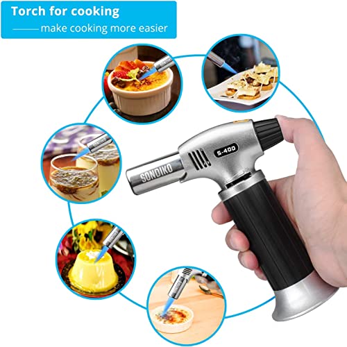 Sondiko Butane Torch and Fuel Refill, S400 with 170 ml Gas Included. Kitchen Torch Lighter Blow Torch with butane refill for BBQ, Creme Brulee, Baking.