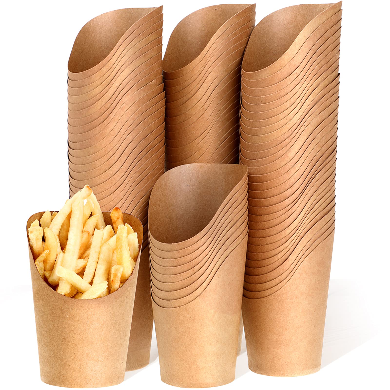 Disposable French Fries Holder 14 oz Take out Party Baking Supplies Waffle Paper Popcorn Sandwich Ice Cream Holder Cup Kraft Paper Container for Wedding Party Food Cones (Brown,100 Pieces)