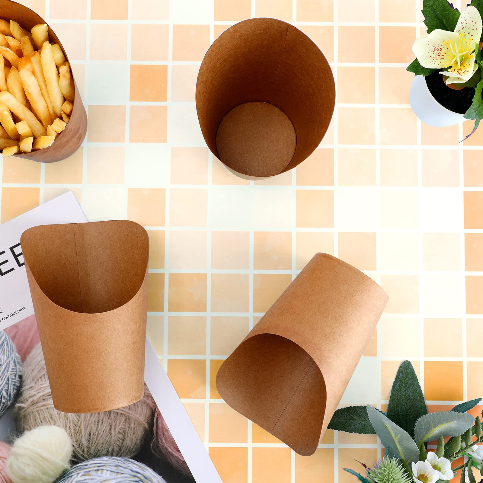 Disposable French Fries Holder 14 oz Take out Party Baking Supplies Waffle Paper Popcorn Sandwich Ice Cream Holder Cup Kraft Paper Container for Wedding Party Food Cones (Brown,100 Pieces)