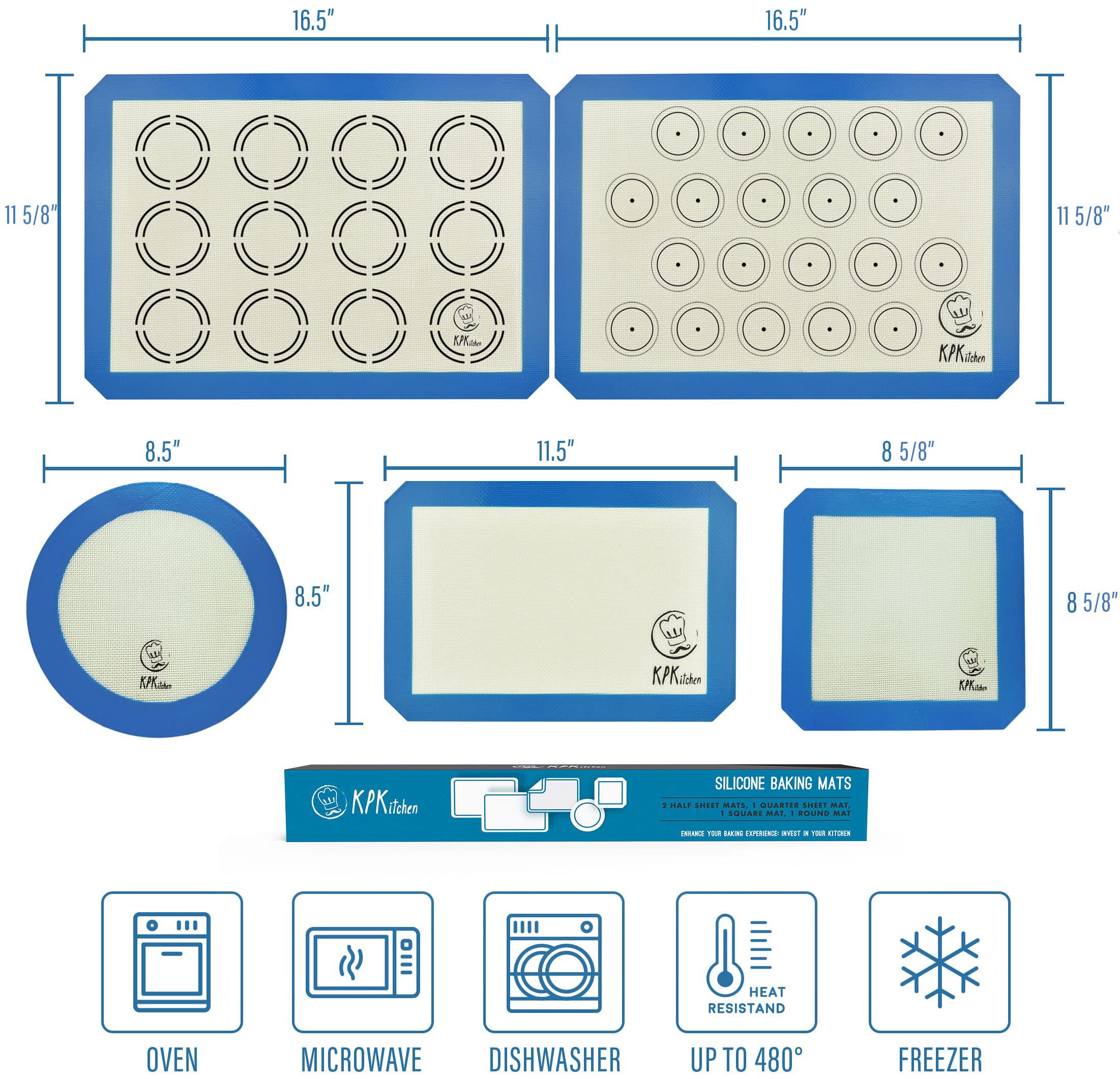 Silicone Baking Mat Set of 5-2 Half Sheets (Macaron & Cookie Circle On Mat) + 1 Quarter + 1 Round & 1 Square Size Silicone Baking Sheet - Nonstick & Easy to Clean - 100% Silicone Mats for Baking