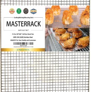 MASTERRACK 100% 304 Stainless Steel Cooling Rack and Wire Grate For Full Size Sheet Bun Pan,Real Heavy Duty 3.20LB, Roasting,Drying,Commercial Quality, Healthy Material