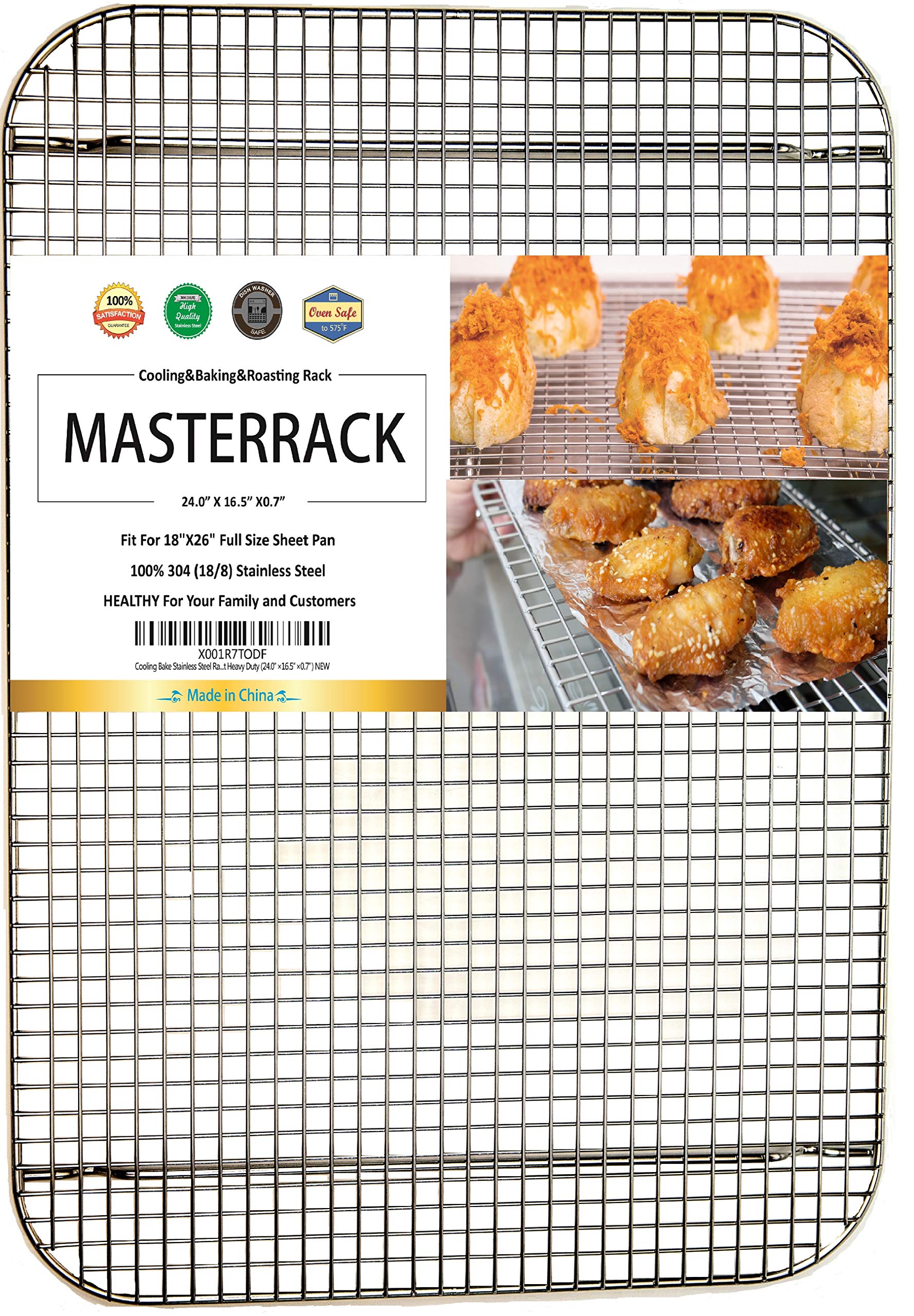 MASTERRACK 100% 304 Stainless Steel Cooling Rack and Wire Grate For Full Size Sheet Bun Pan,Real Heavy Duty 3.20LB, Roasting,Drying,Commercial Quality, Healthy Material