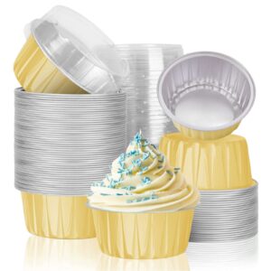 50pcs aluminum foil baking cups with lids, gold, 5oz 125ml ramekin cupcake liners muffin liners mini pie pans foil cupcake containers for christmas wedding birthday party picnic camping