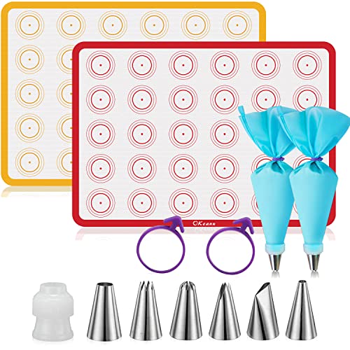 Silicone Baking Mat Macaron Baking Kit, Macaroon Baking Mat Set of 2 Half Sheet Nonstick Baking Mats, 6 Piping Tip, 2 Piping Bag and 2 Tie - Reusable Nonstick Liners for Baking Pans(16.5"x11.6")