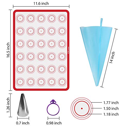 Silicone Baking Mat Macaron Baking Kit, Macaroon Baking Mat Set of 2 Half Sheet Nonstick Baking Mats, 6 Piping Tip, 2 Piping Bag and 2 Tie - Reusable Nonstick Liners for Baking Pans(16.5"x11.6")