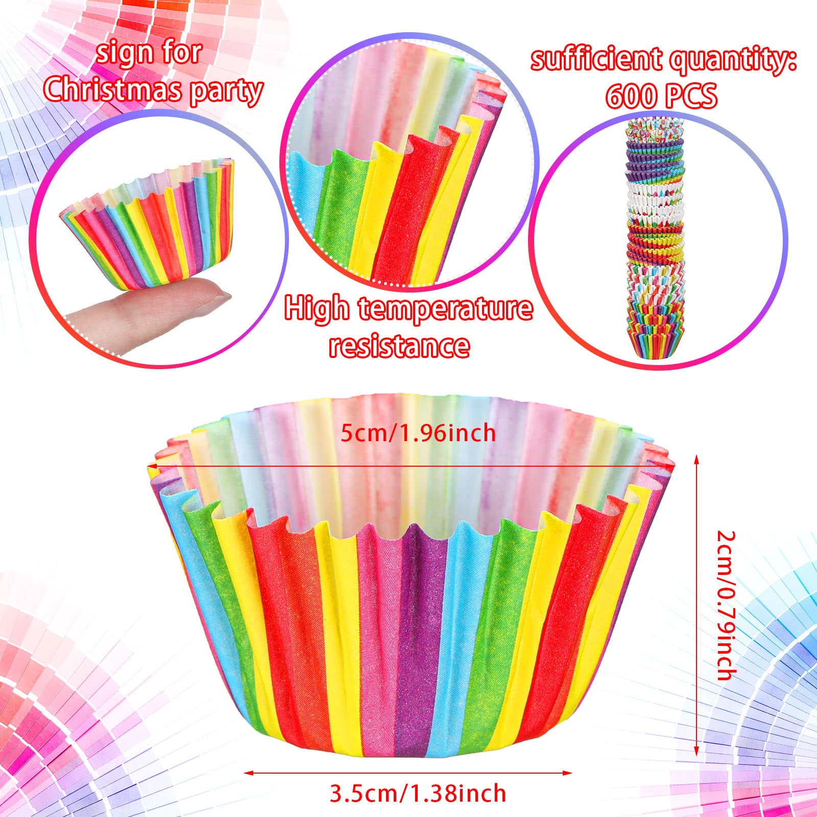 600 count Cupcake Baking Cups Muffin Cupcake Liners Candy Cup Mini Colorful Cupcake Wrappers Rainbow Combo Disposable Baking Cups Set for Birthday Party Wedding Cake Paper Cup Greaseproof Paper