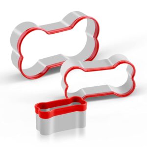 fasaka bone cookie cutters set for dog treats, 3 piece dog bone biscuit cutters set with red environmental pvc for baking