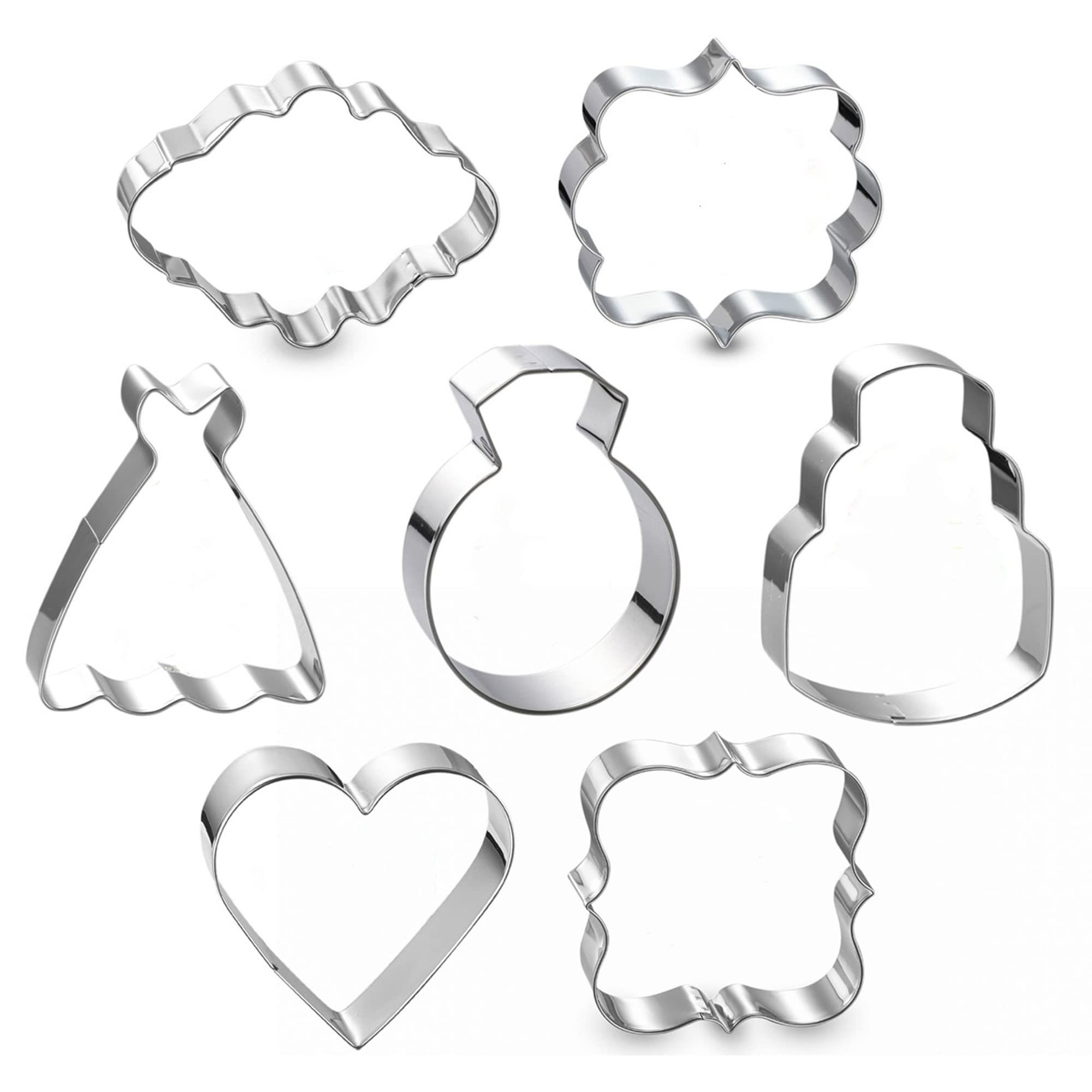 Wedding Cookie Cutter Set-7 Piece-3 Inches-Heart, Diamond Ring, Wedding Cake,Wedding Dress, Rectangle, Square and Oval Plaque Cookie Cutters Molds for Bridal Shower Engagement