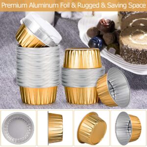 Disposable Ramekins with Lids, 25 Pack/ 5 oz Gold Aluminum Foil Dessert Baking Cups, Reusable Cupcake Liners Pudding Cups for Wedding, Christmas, Kitchen, Party, Various Holiday Parties