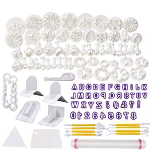 Soleebee 114 Pcs Cake Decorating Tools Fondant Cake Baking Decorating Sugar Craft Icing Tools Plunger Cutters Snowflake Rose Flower Moulds Set Letter Cookie Cutters Rolling Pin Equipment Accessories